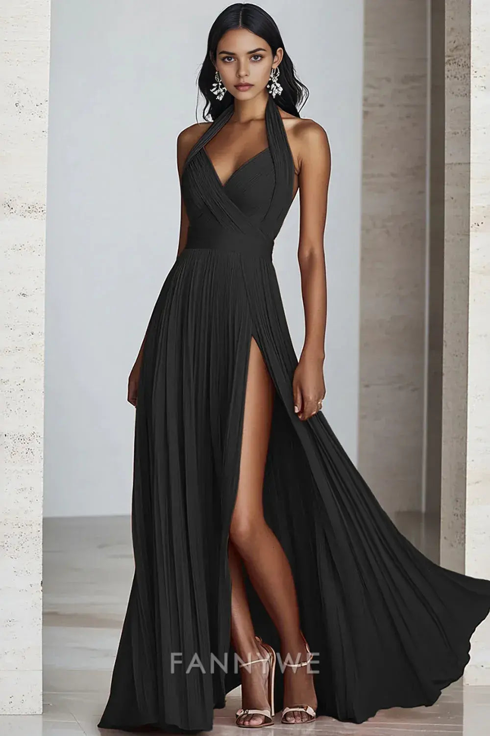 FannyWe Simple Black A Line Halter Neck Pleated Long Formal Dress with Slit
